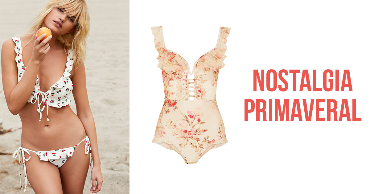 traje de baño floral, encajes